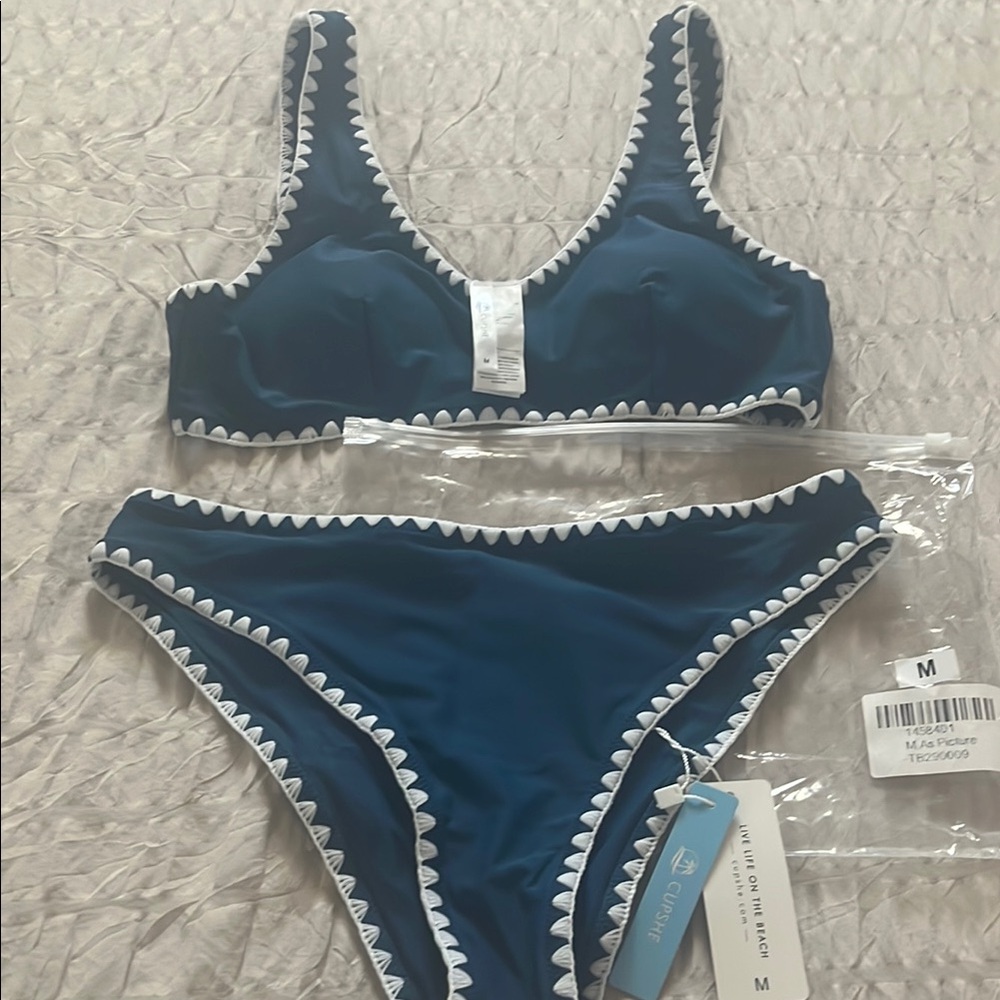 Cupshe Blue Bikini Set with White Trim
